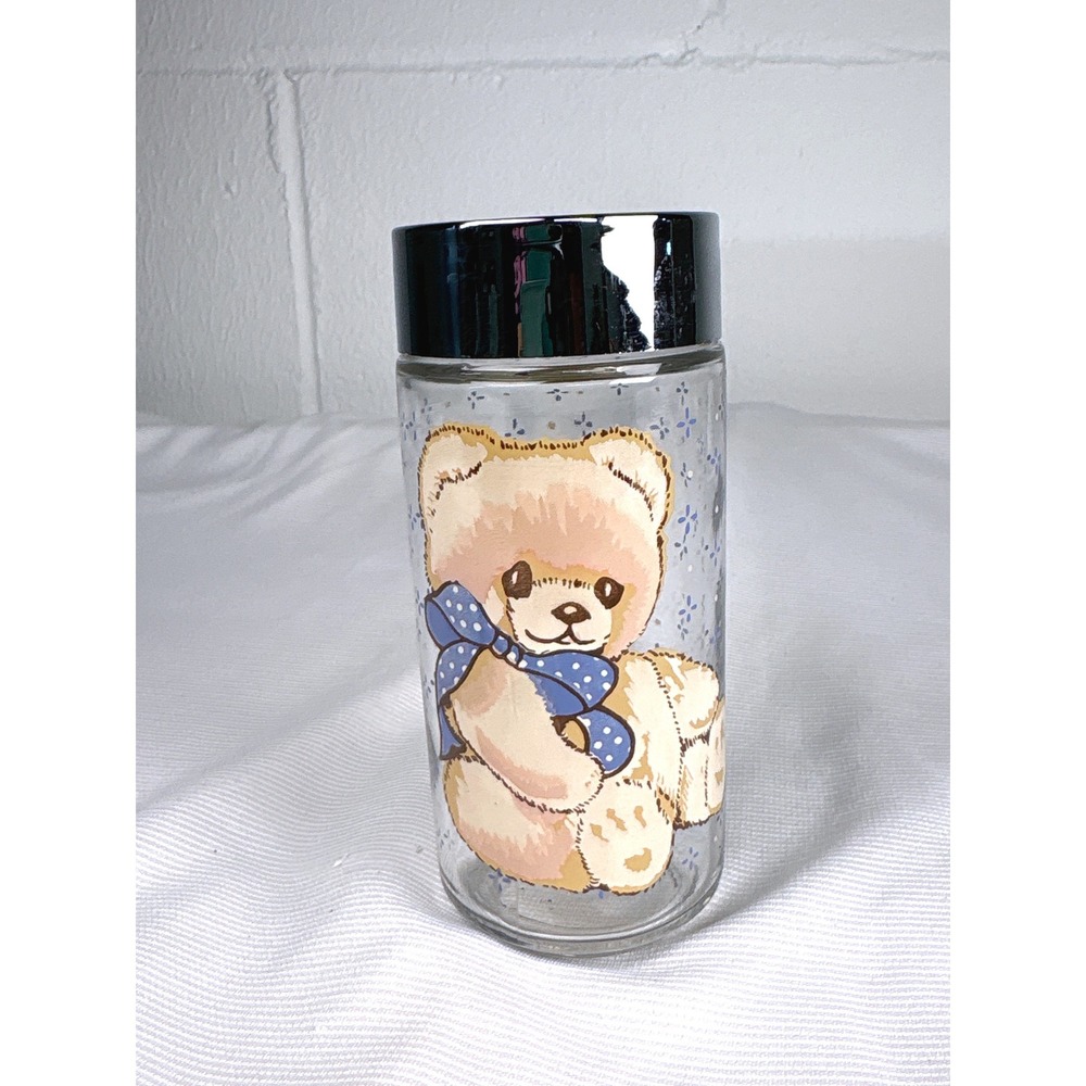 Vintage Tienshan Theodore Country Bear Glass Shaker Jar with Chrome Lid Blue